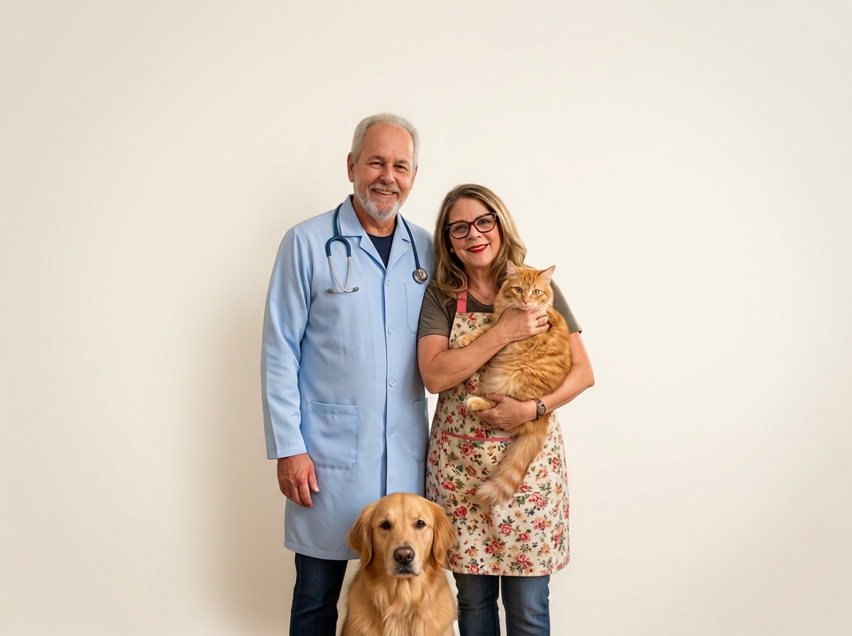 Dr. Alvaro e Nádia Lima juntos na Pet House, com um cachorro e um gato